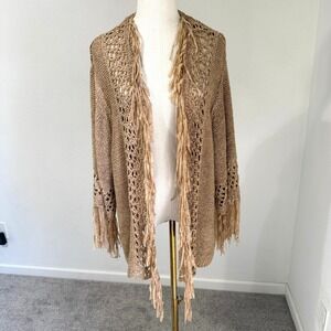 Reba Women's Tan Knit Cardigan Sweater Fringe Crochet Large Boho Festival